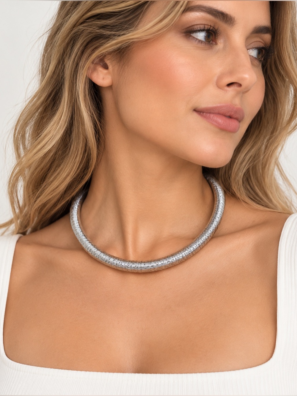 Silver-Tone Textured Coil Collar Statement Necklace